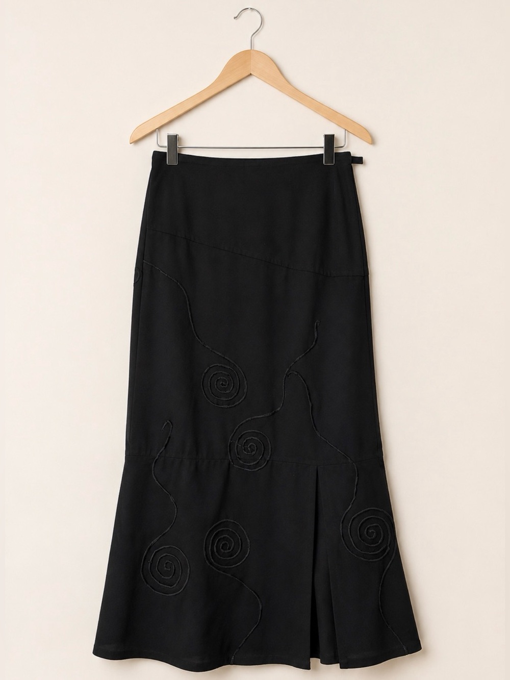Creton Black Chiffon Maxi Skirt Spiral Appliqué Artsy Designer Size 40